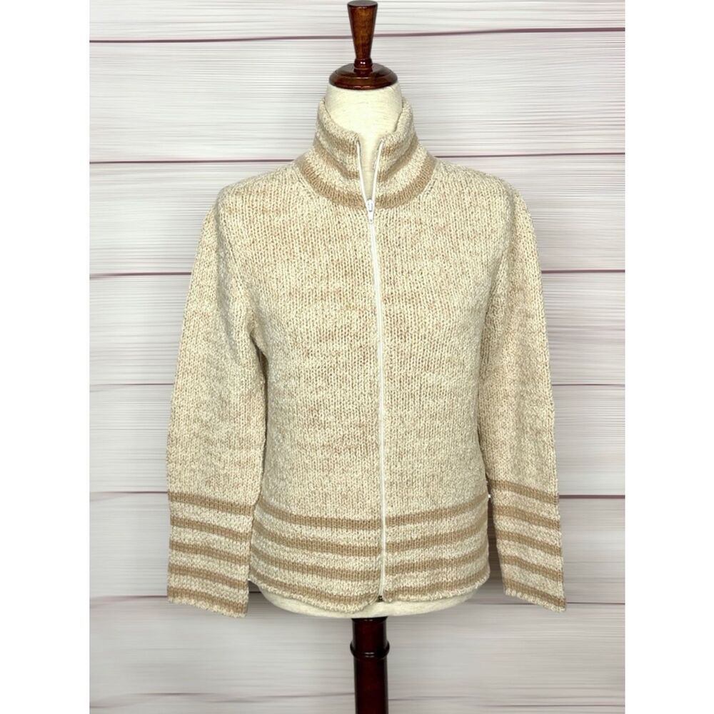 Hubert Gasser Italy Zip Front Cardigan Cashmere Wool Blend Cream Mock Neck M